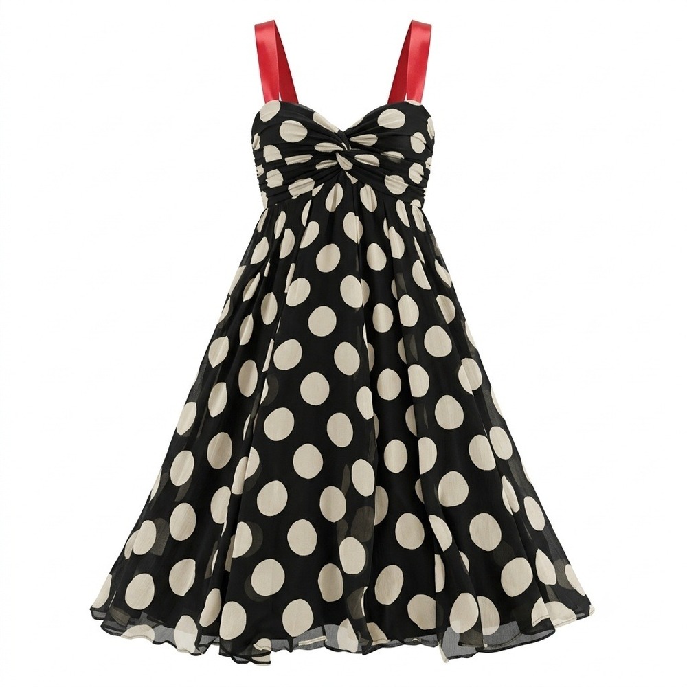 Zara Woman Silk Polka Dot Midi Dress Black Cream Red Straps Sweetheart Size M